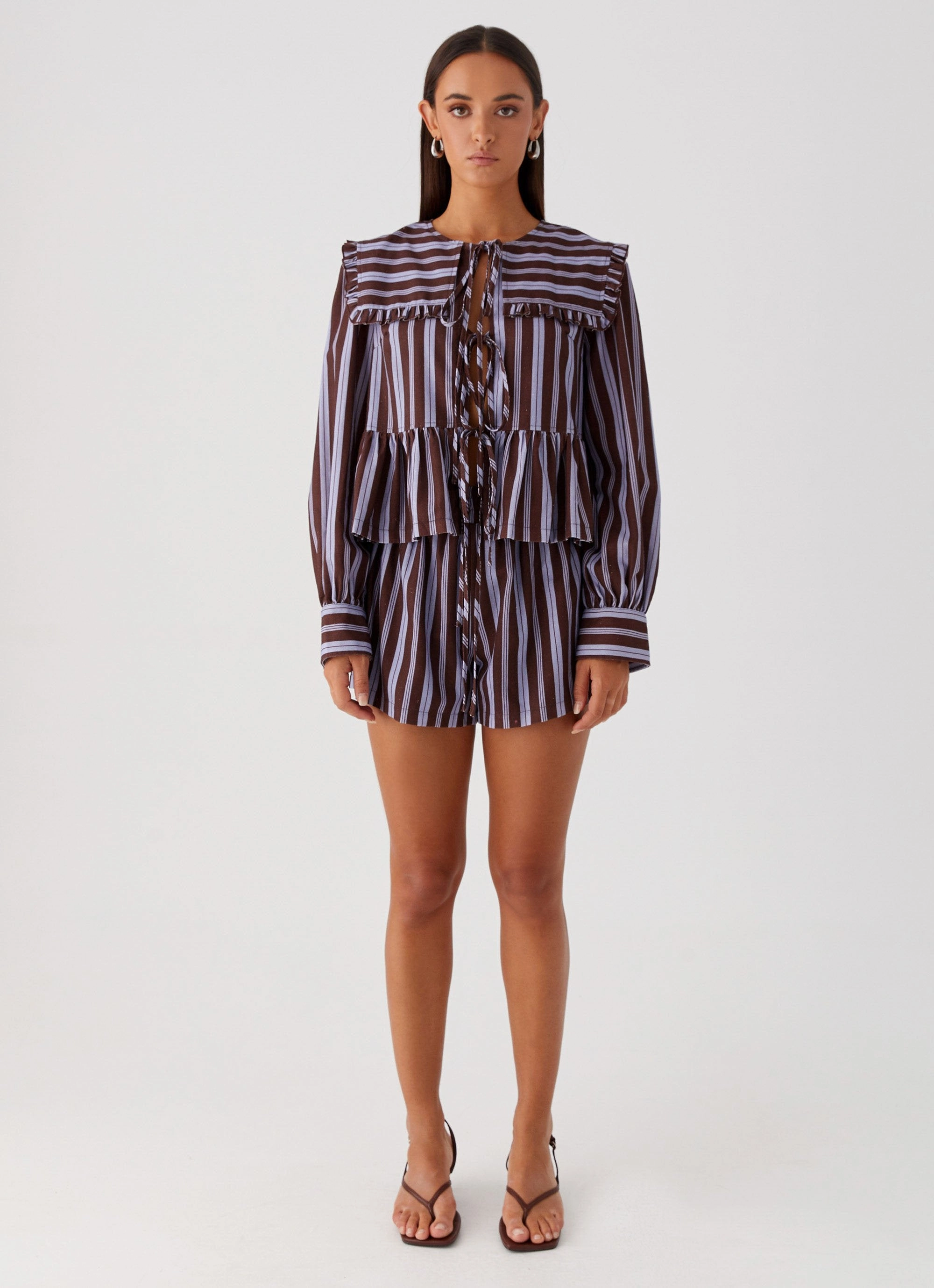 TaglessDesign ChafeFreeEdging Emerson Tie Front Long Sleeve Top - Purple Brown Stripe