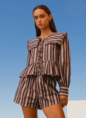 GarmentDyed Emerson Tie Front Long Sleeve Top - Purple Brown Stripe