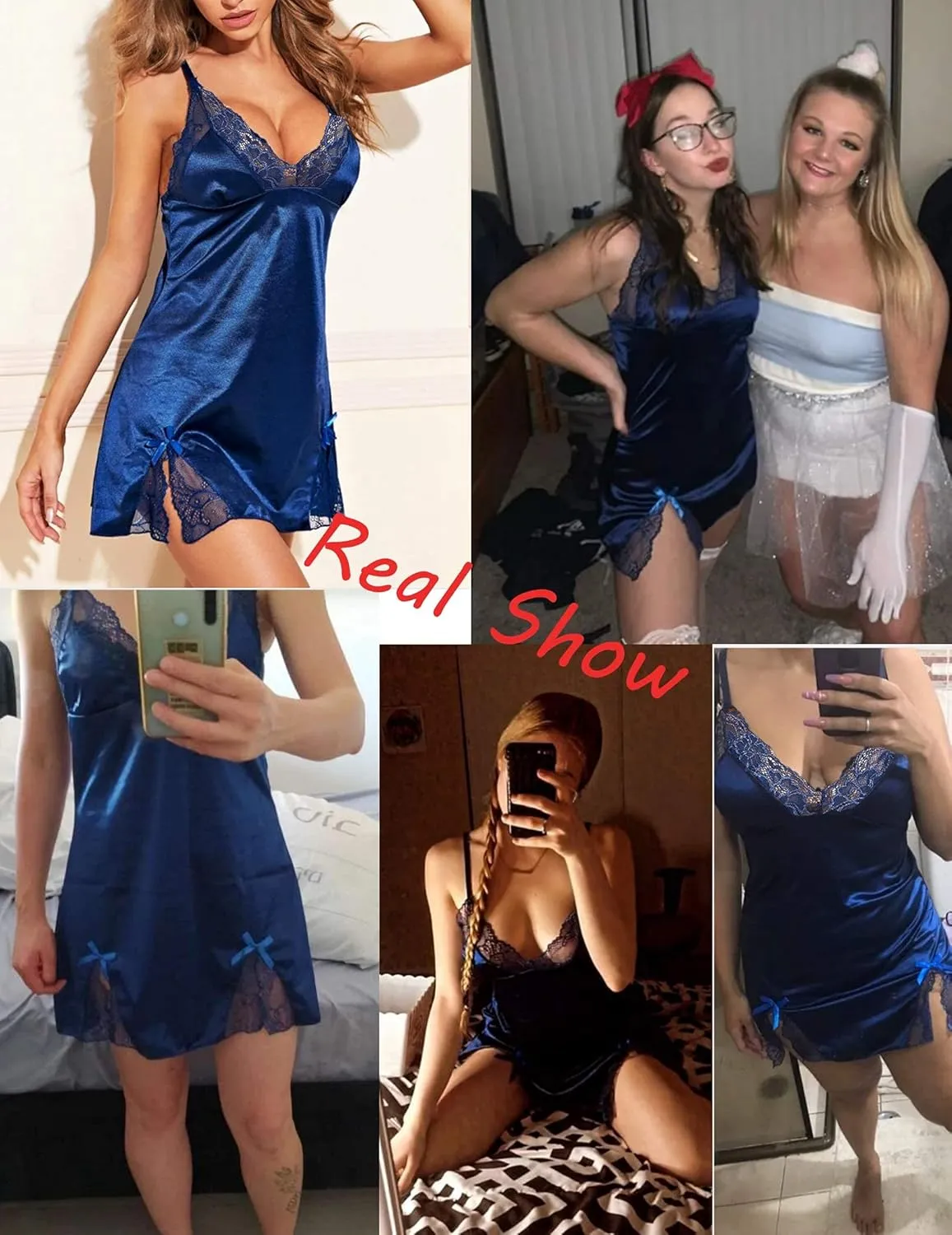 ADOME Lingerie for Women Lace Chemise Nightgown Satin Babydoll Dress Silk Slip Nightwear S-XXL