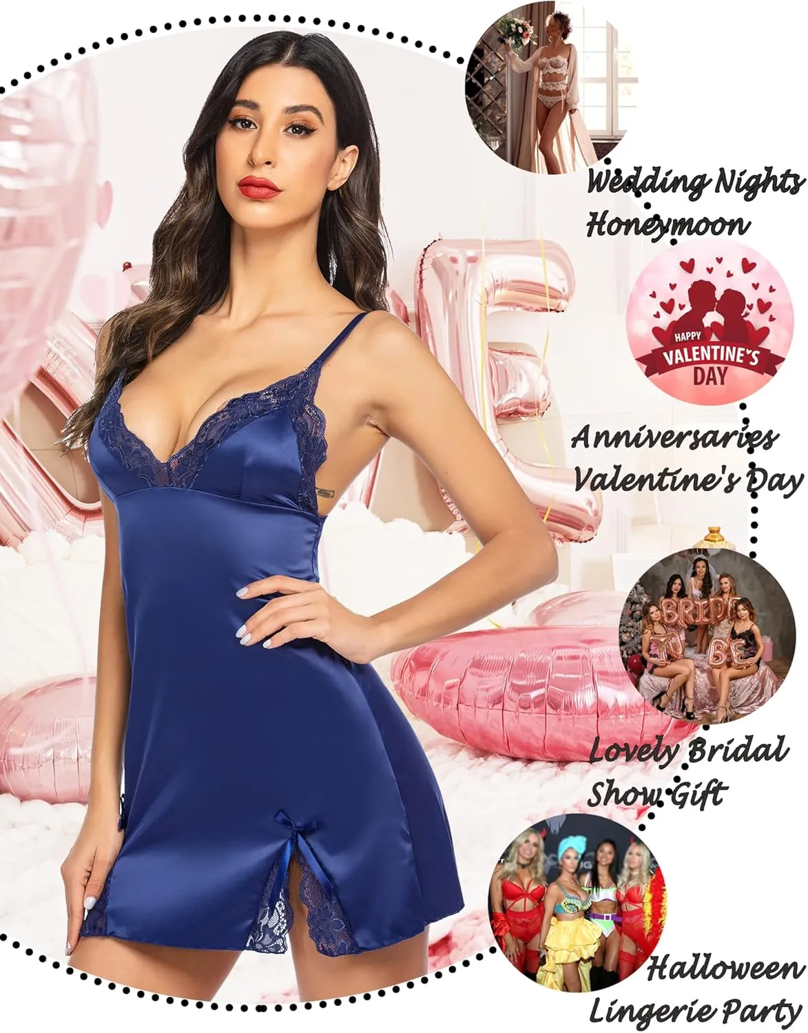 ADOME Lingerie for Women Lace Chemise Nightgown Satin Babydoll Dress Silk Slip Nightwear S-XXL