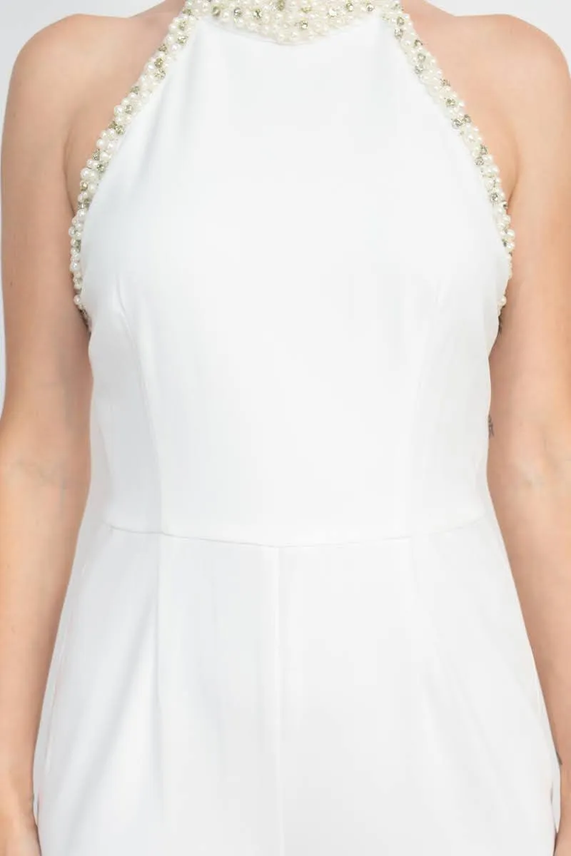 Adrianna Papell AP1E204372 Embellished Halter Neck Open Jumpsuit