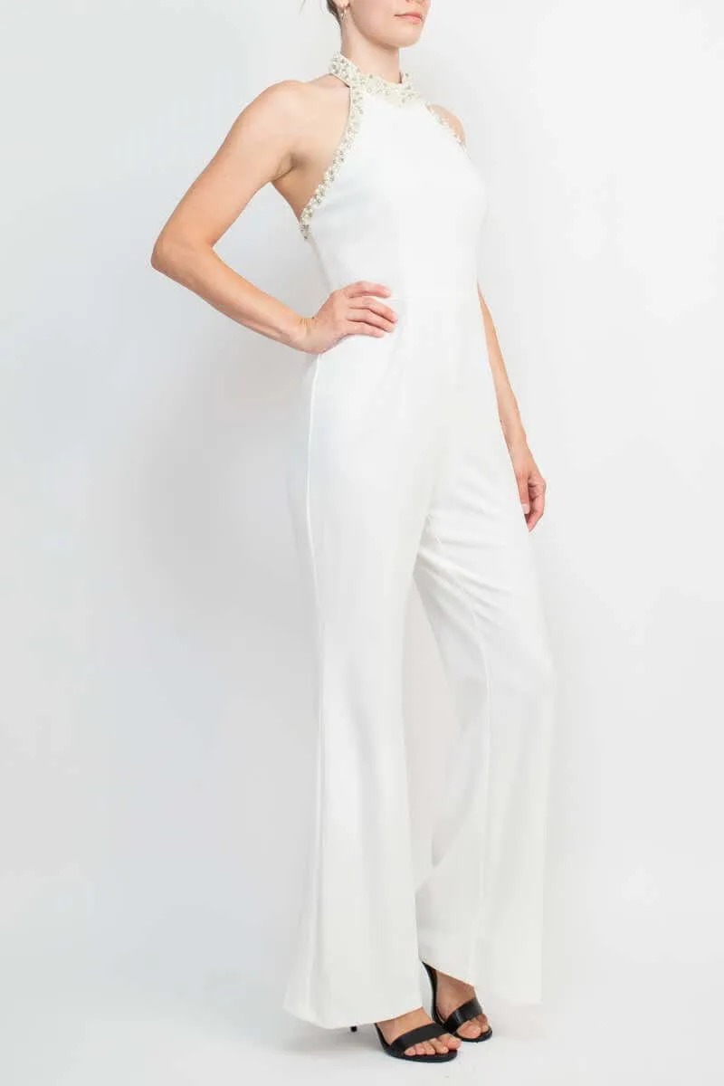 Adrianna Papell AP1E204372 Embellished Halter Neck Open Jumpsuit