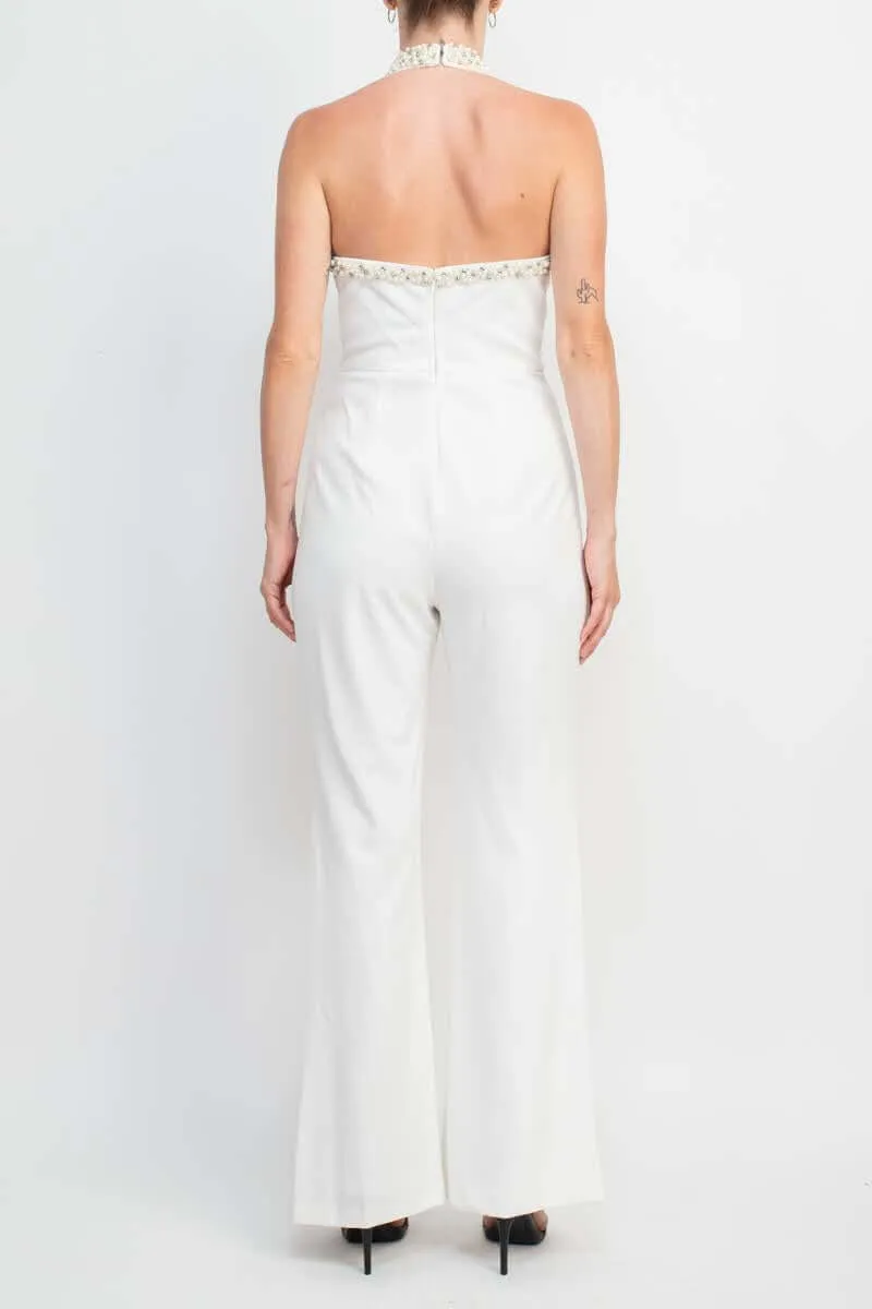 Adrianna Papell AP1E204372 Embellished Halter Neck Open Jumpsuit