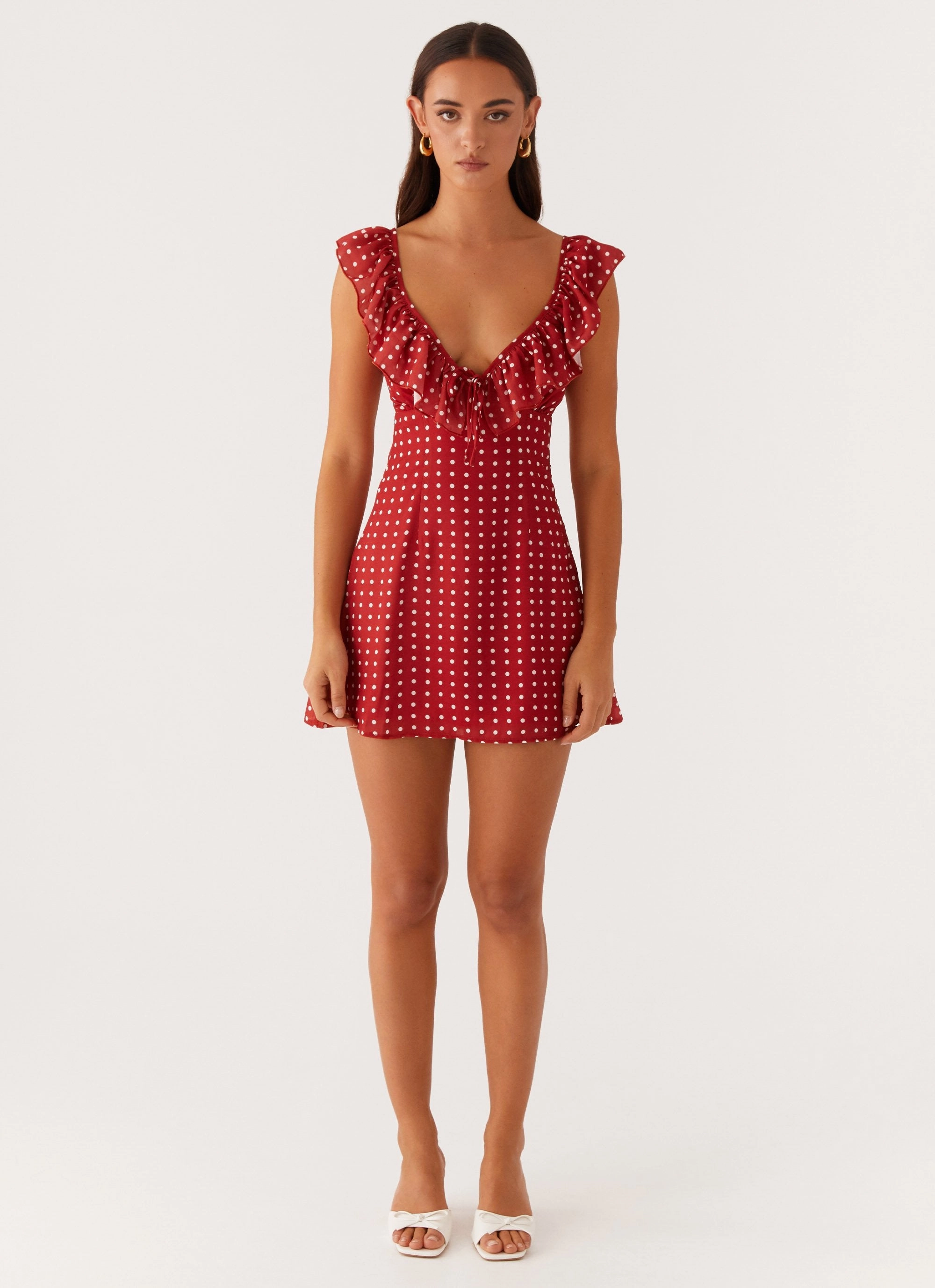 Adrina Ruffle Mini Dress - Red Polka Dot Cinched-Waist