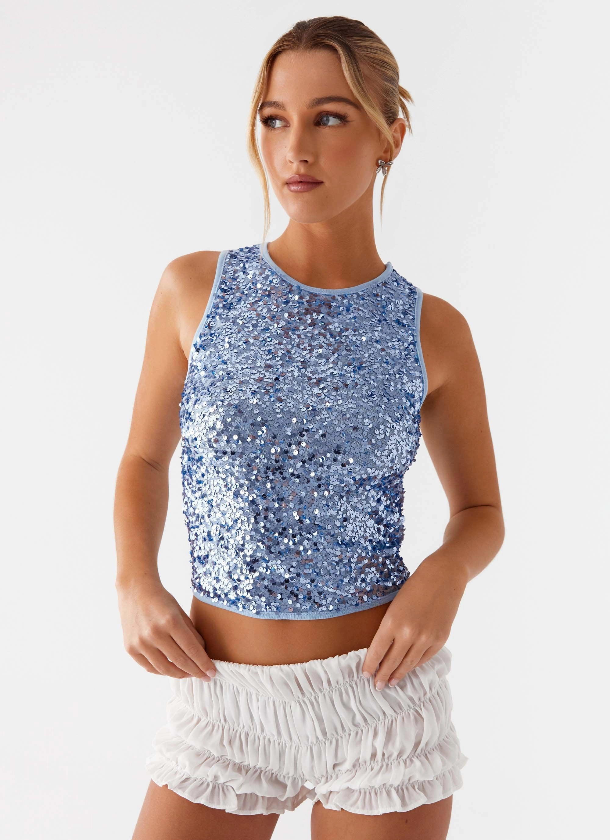 After Midnight Sequin Racer Top - Blue DoubleNeedle Stitching