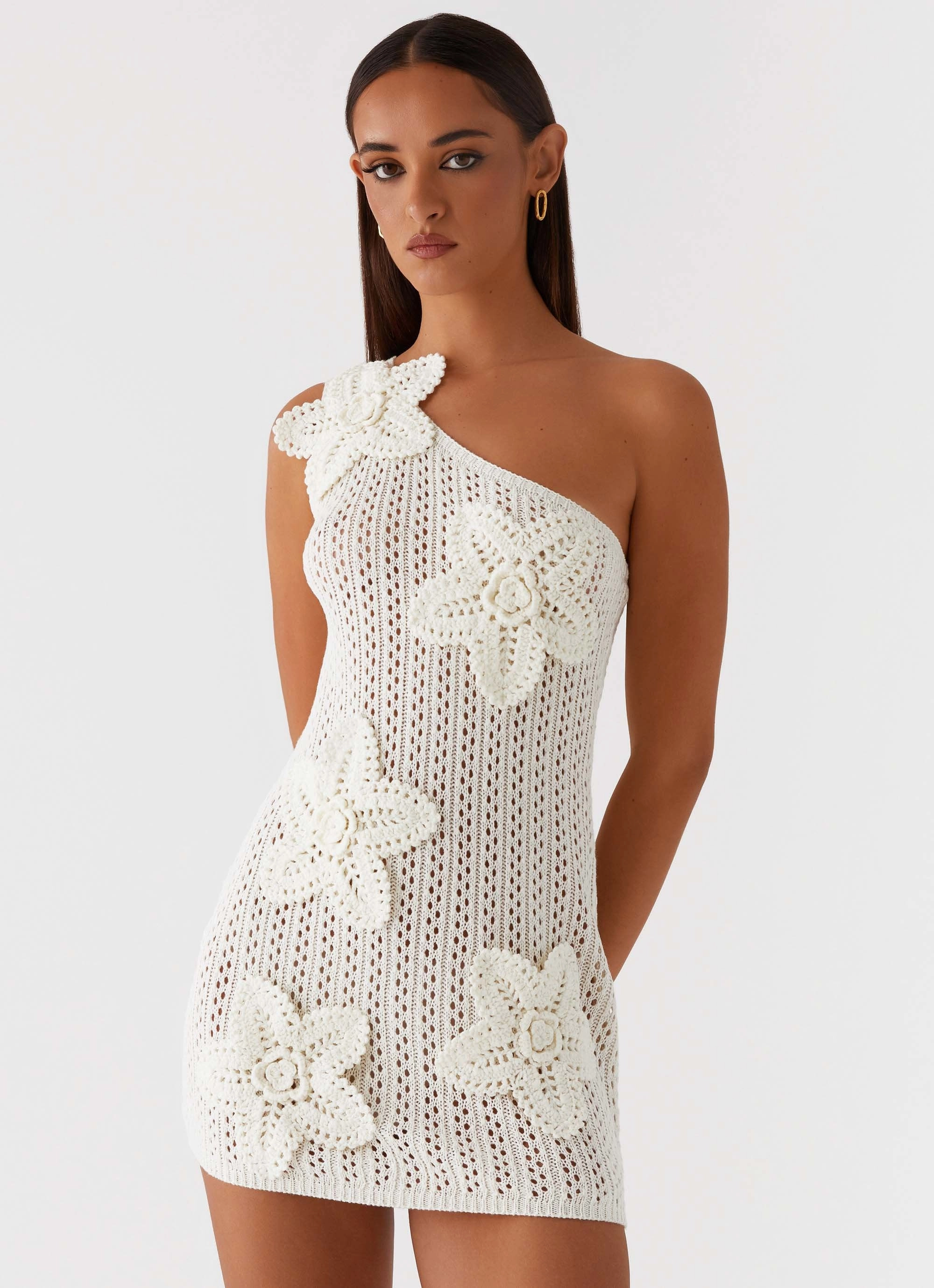 Vibrant Aesthetic Afterglow One Shoulder Crochet Mini Dress - Ivory