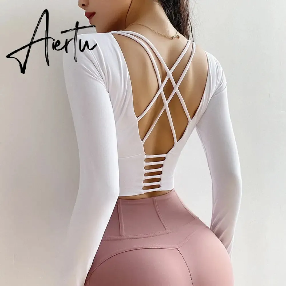 Aiertu  Cloud Hide Sexy Sports Bra Women Fitness Long Sleeve Underwear Blouse Push Up Yoga Crop Top Running Gym Shirt Winter Activewear