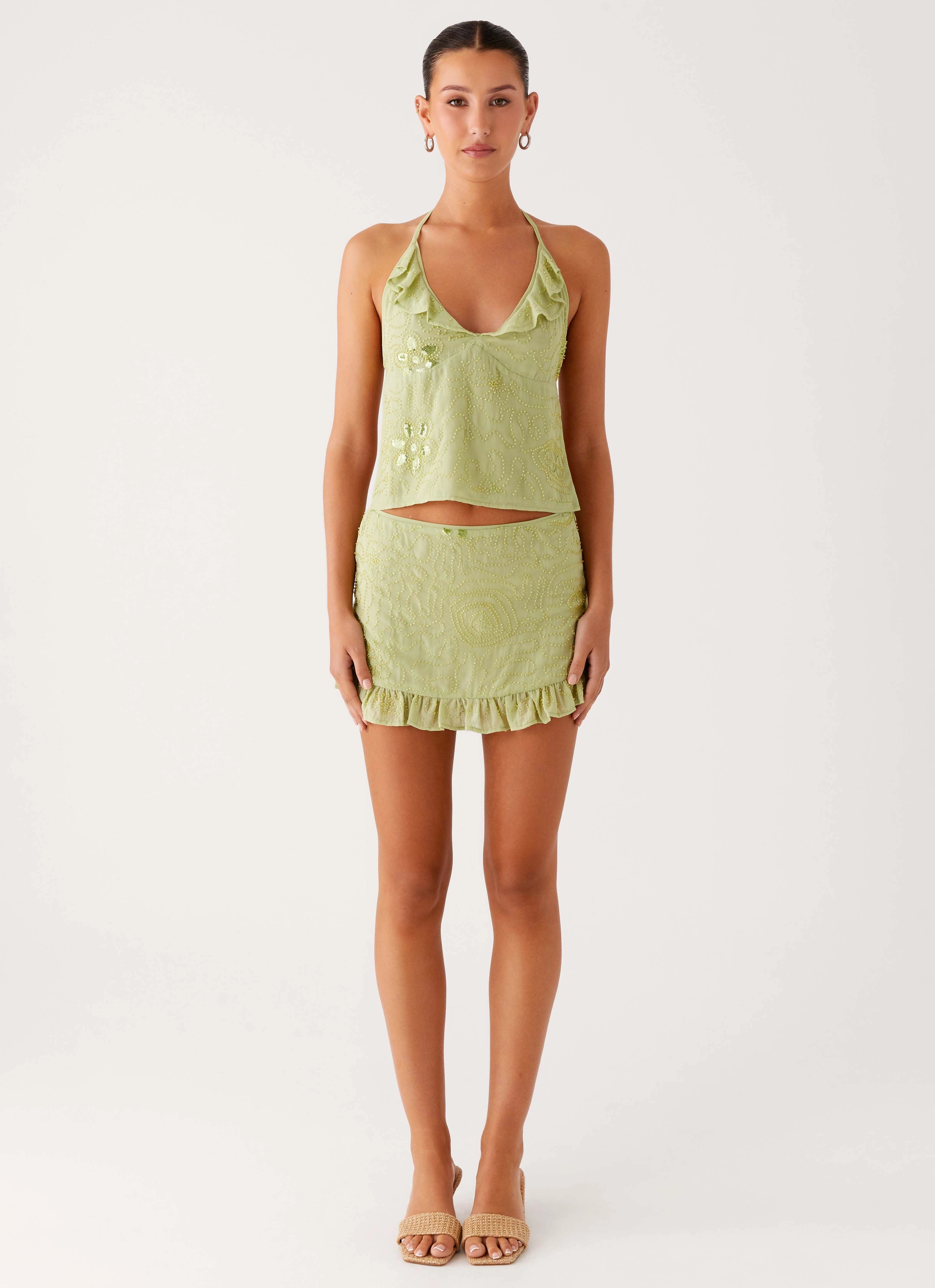 Non Chafing Side Seams Savoir Beaded Halter Top - Mint