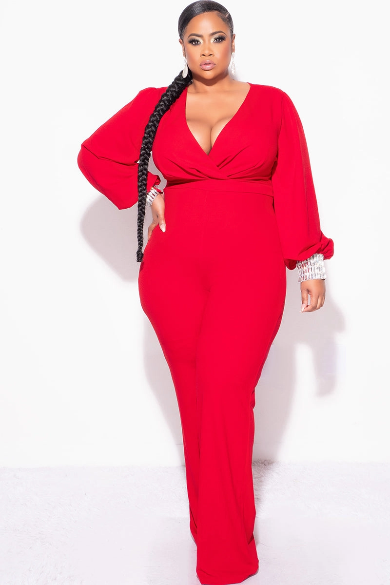 MoistureWickingMaterial Final Sale Plus Size Faux Wrap Collar Jumpsuit with Sheer Sleeves and Rhinestone Cuffs in Red