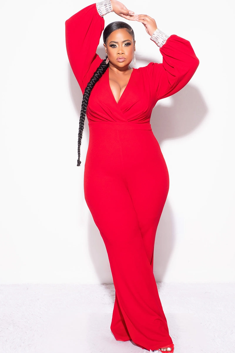 Reflective details Final Sale Plus Size Faux Wrap Collar Jumpsuit with Sheer Sleeves and Rhinestone Cuffs in Red
