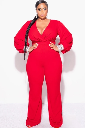 Final Sale Plus Size Faux Wrap Collar Jumpsuit with Sheer Sleeves and Rhinestone Cuffs in Red Thermal Regulating Fabric ContrastPlacket