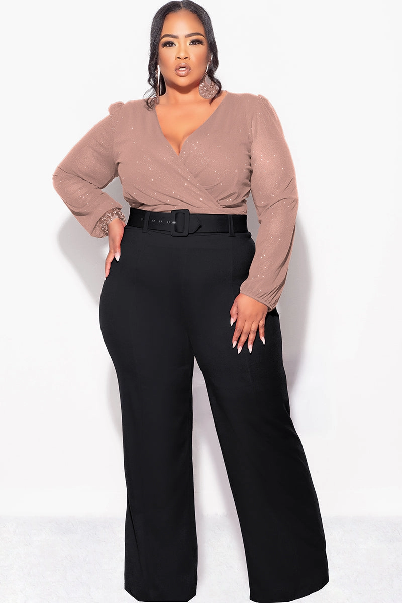 Final Sale Plus Size Sheer Glitter Faux Wrap Top in Tan Light material QuickPackFoldableDesign