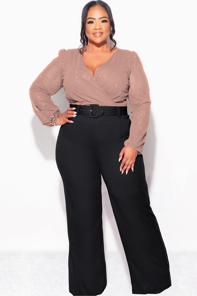 Daily Wear Formal Shirt Final Sale Plus Size Sheer Glitter Faux Wrap Top in Tan