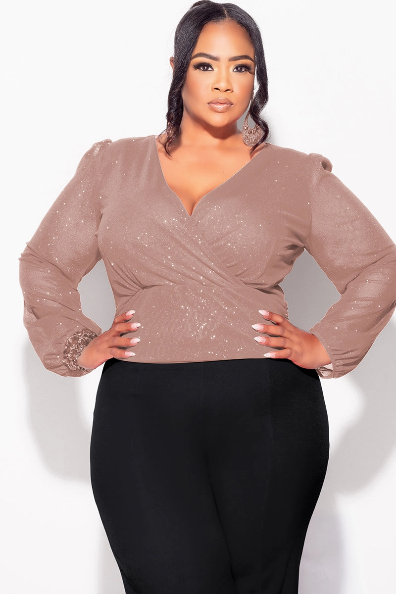 Final Sale Plus Size Sheer Glitter Faux Wrap Top in Tan WrinkleResistant Cloth