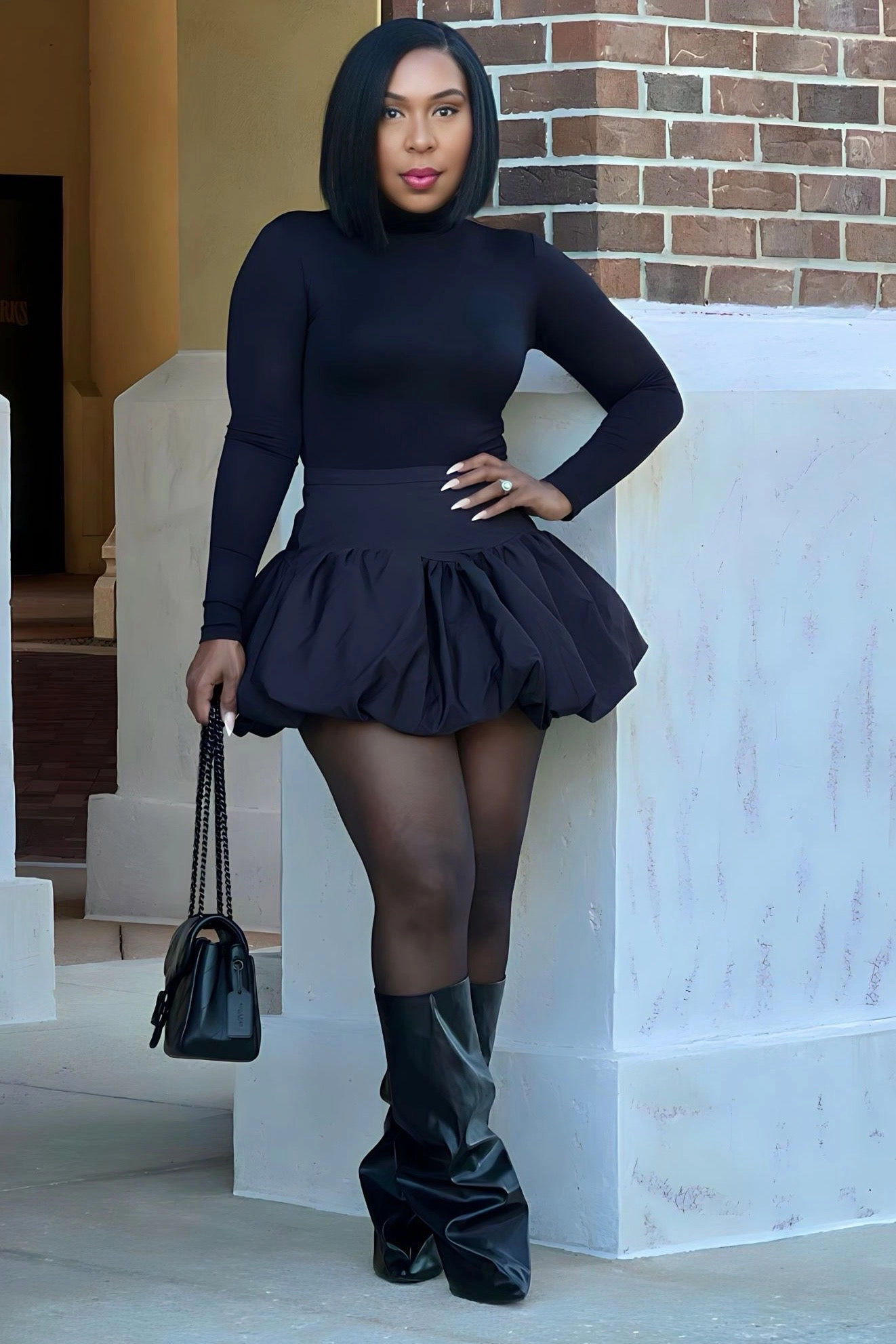 Hilary Bubble Hem Mini Skirt- Black Smart Look HighRiseWaist