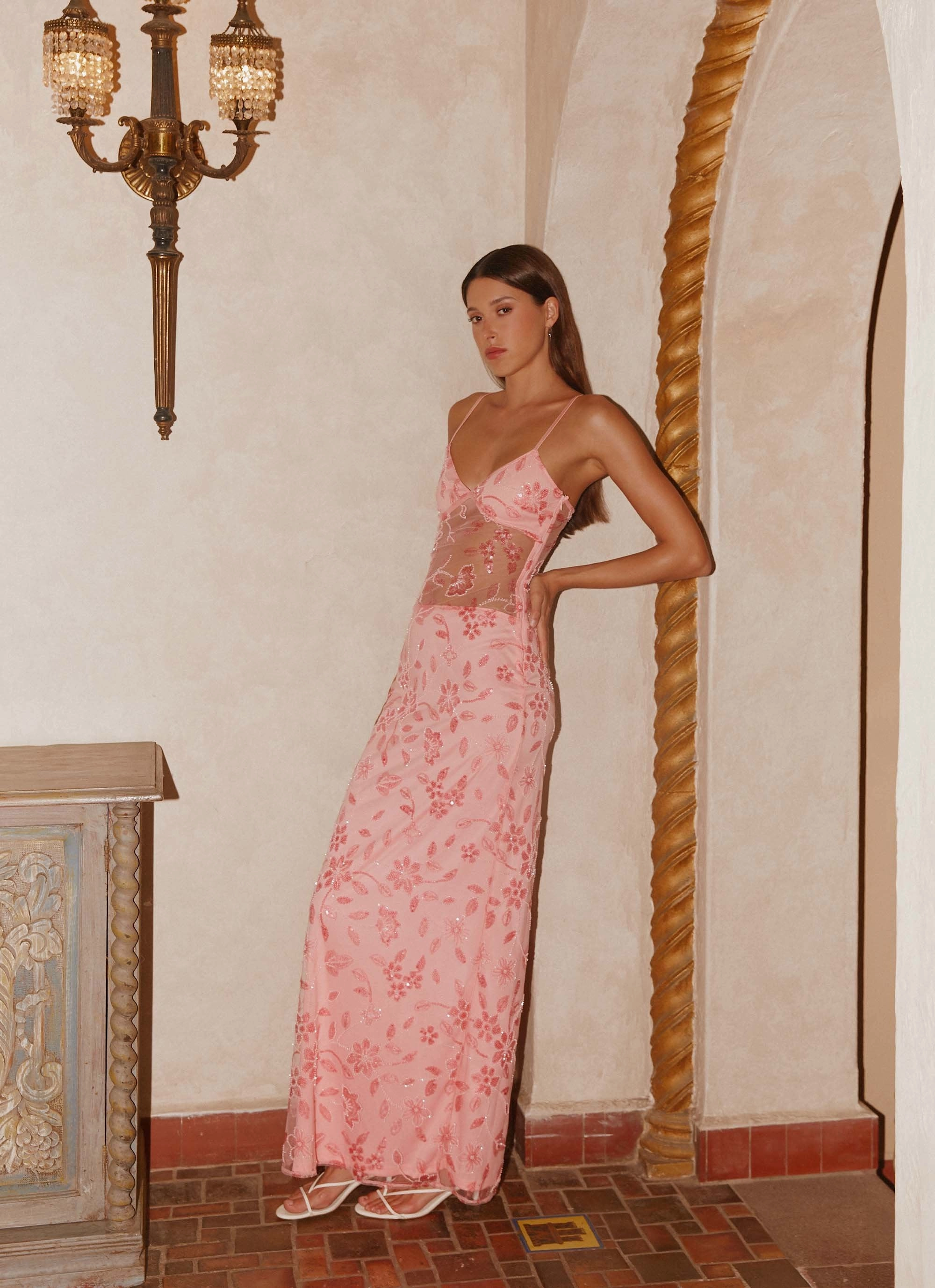 Akira Beaded Maxi Dress - Pink Orange Effortless Look Smart Blend