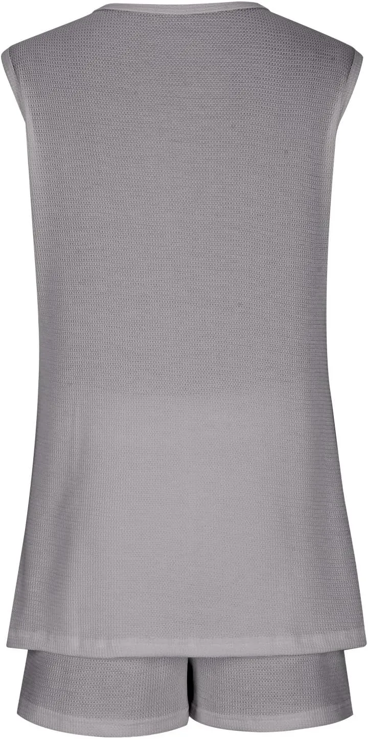 Akklian Pajamas Set for Women Plus Size soft Knit Lounge Set 2 Piece Sleeveless Top and Shorts Loungewear Sets with Pockets