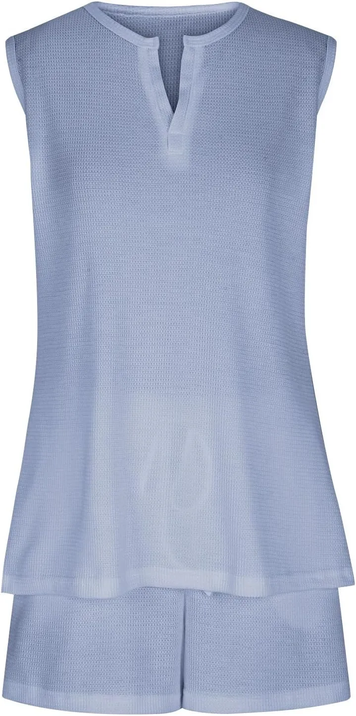 Akklian Pajamas Set for Women Plus Size soft Knit Lounge Set 2 Piece Sleeveless Top and Shorts Loungewear Sets with Pockets