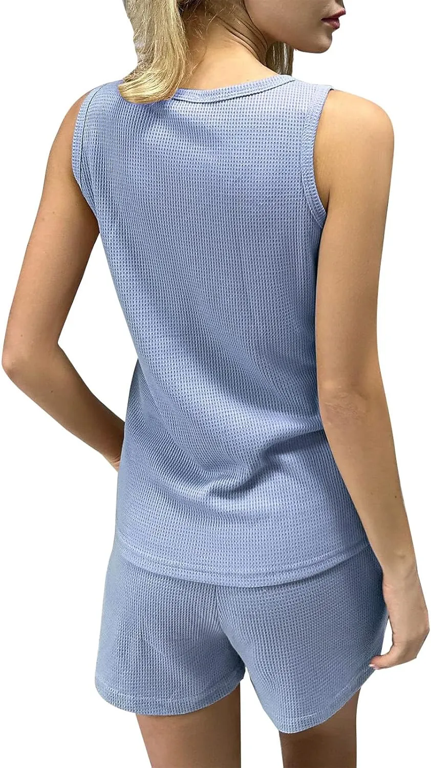 Akklian Pajamas Set for Women Plus Size soft Knit Lounge Set 2 Piece Sleeveless Top and Shorts Loungewear Sets with Pockets