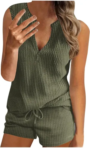 Akklian Pajamas Set for Women Plus Size soft Knit Lounge Set 2 Piece Sleeveless Top and Shorts Loungewear Sets with Pockets