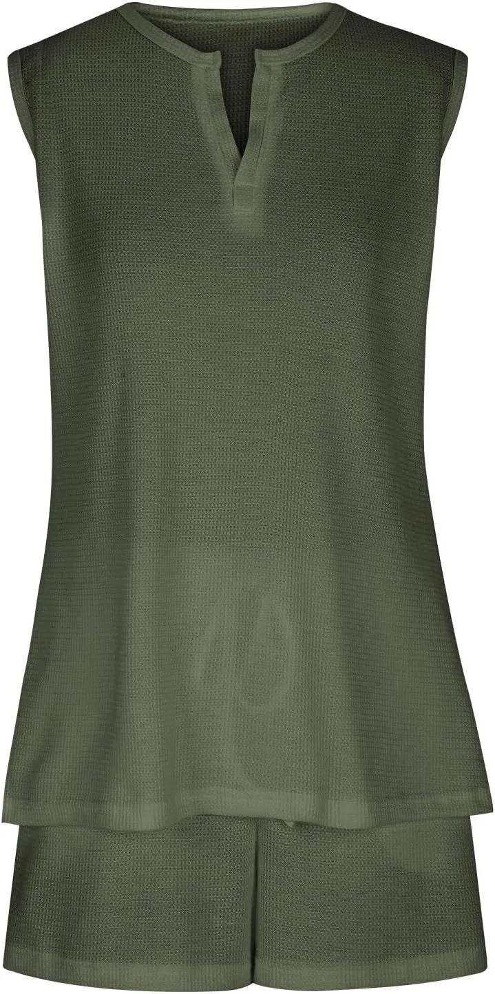 Akklian Pajamas Set for Women Plus Size soft Knit Lounge Set 2 Piece Sleeveless Top and Shorts Loungewear Sets with Pockets