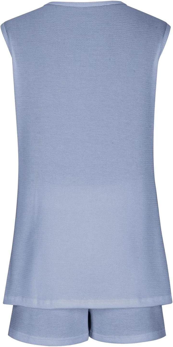 Akklian Pajamas Set for Women Plus Size soft Knit Lounge Set 2 Piece Sleeveless Top and Shorts Loungewear Sets with Pockets