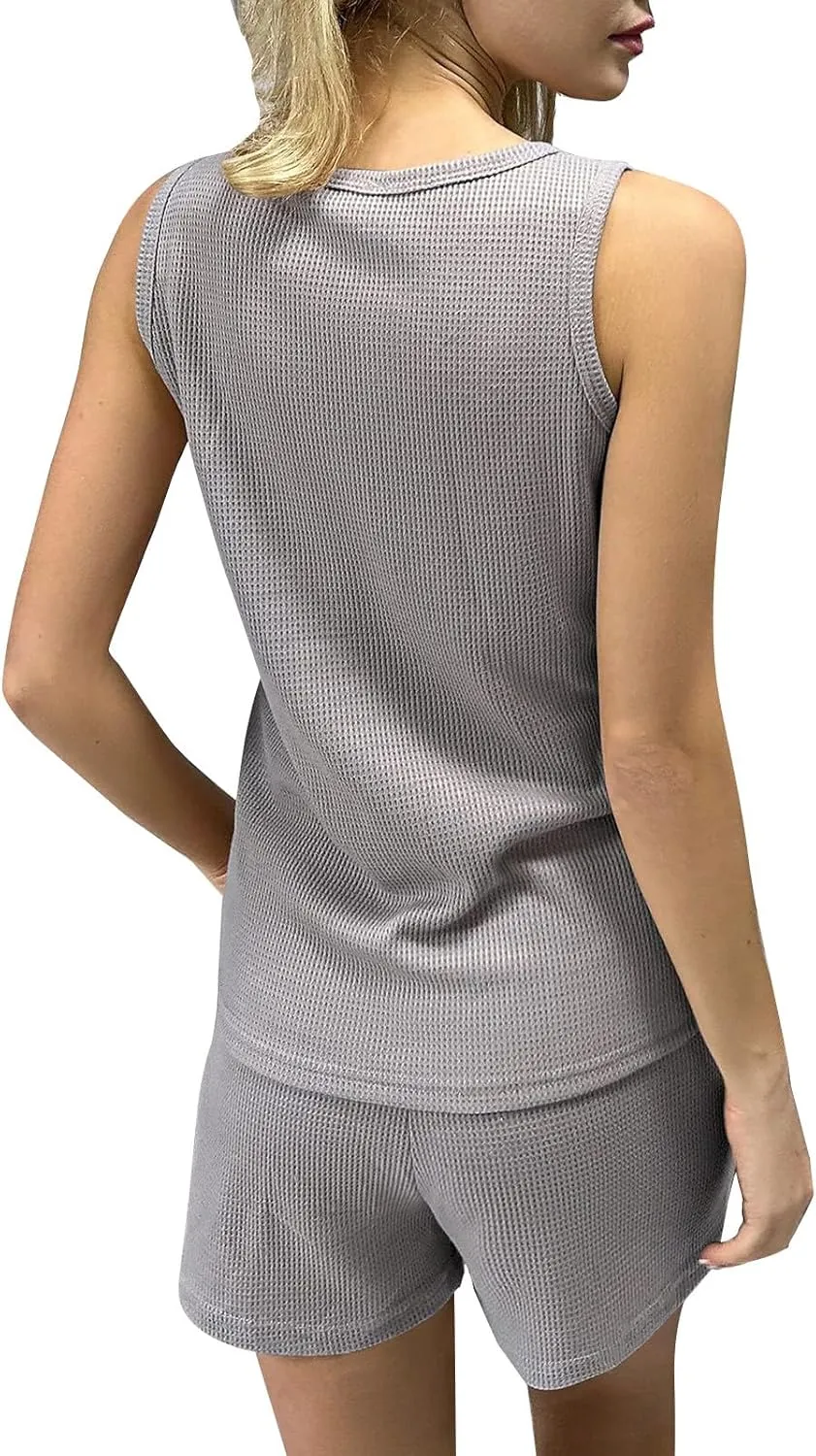 Akklian Pajamas Set for Women Plus Size soft Knit Lounge Set 2 Piece Sleeveless Top and Shorts Loungewear Sets with Pockets