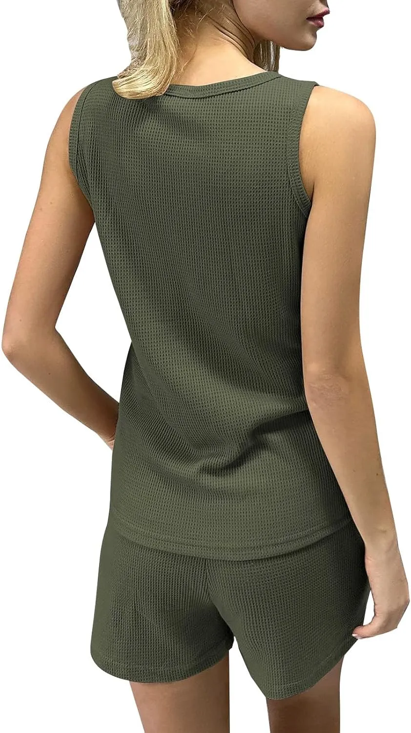 Akklian Pajamas Set for Women Plus Size soft Knit Lounge Set 2 Piece Sleeveless Top and Shorts Loungewear Sets with Pockets