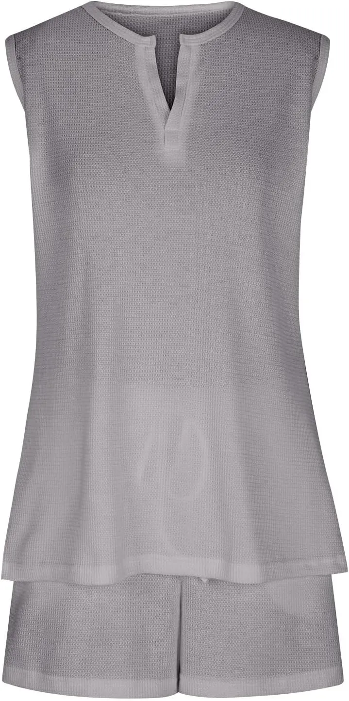 Akklian Pajamas Set for Women Plus Size soft Knit Lounge Set 2 Piece Sleeveless Top and Shorts Loungewear Sets with Pockets