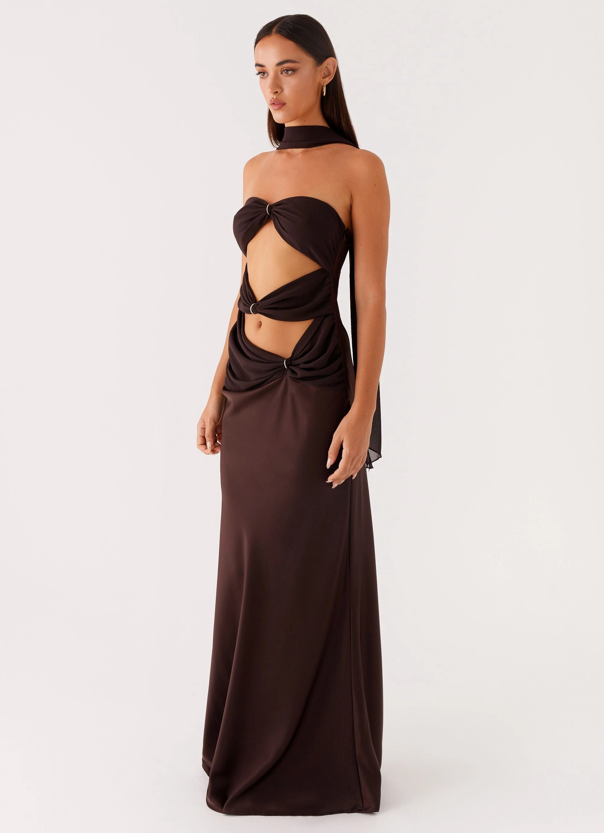 Alaine Scarf Maxi Dress - Dark Chocolate Luxe Fabric