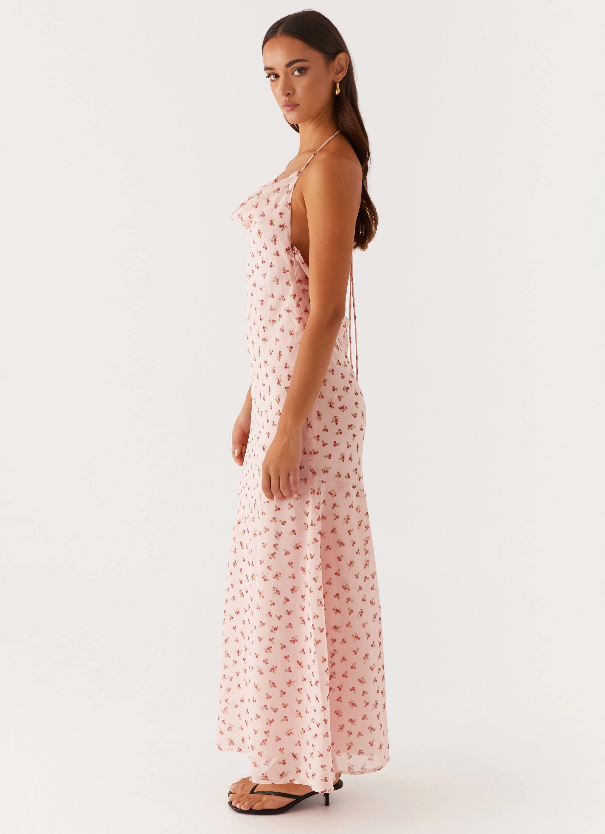 Festival Mood Soft Wear Alianna Cowl Neck Mesh Maxi Dress - Pink Flower