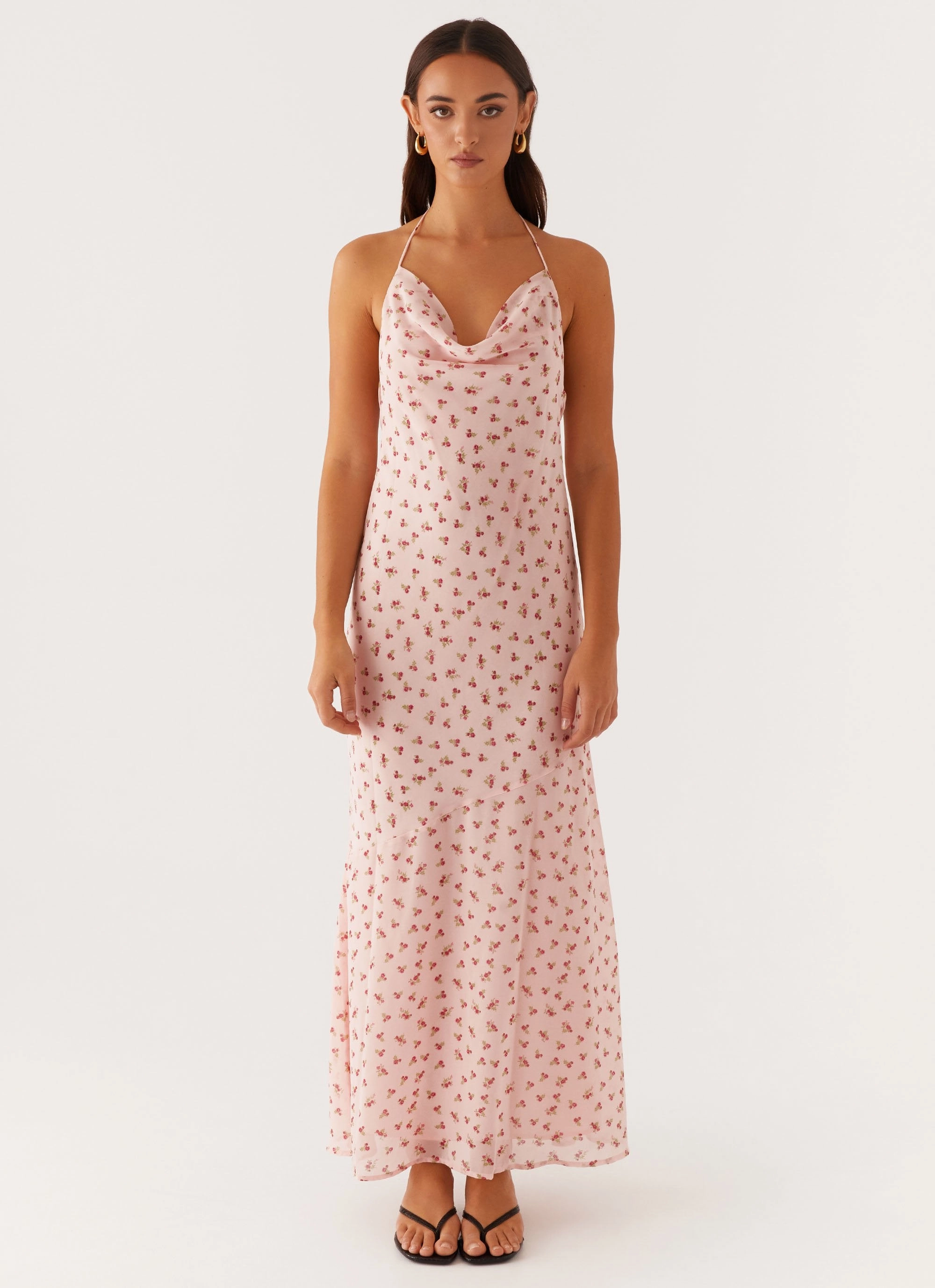 Alianna Cowl Neck Mesh Maxi Dress - Pink Flower Travel-Style Smart Piece