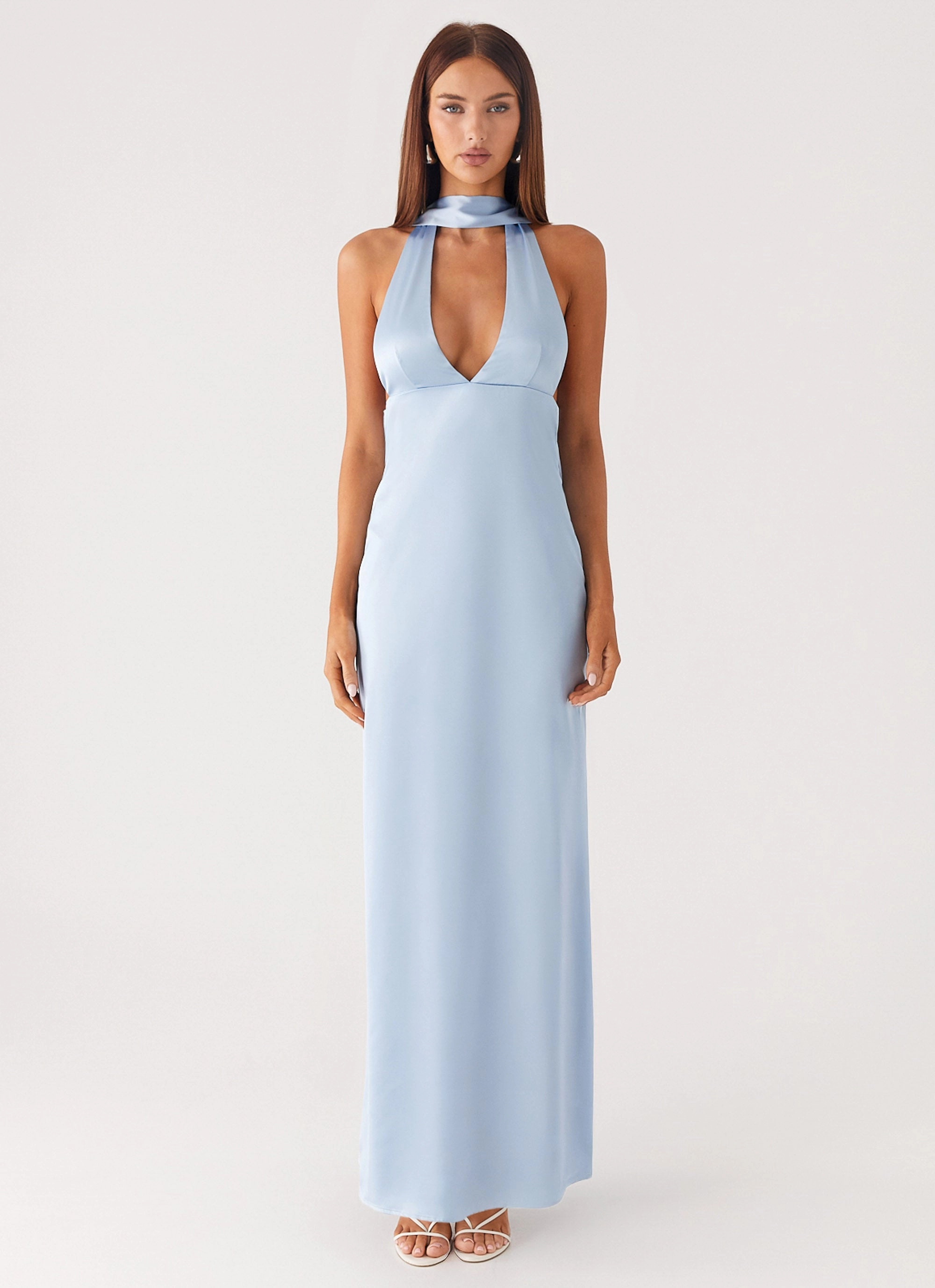 Alicia Satin Halter Maxi Dress - Baby Blue Soft Composition