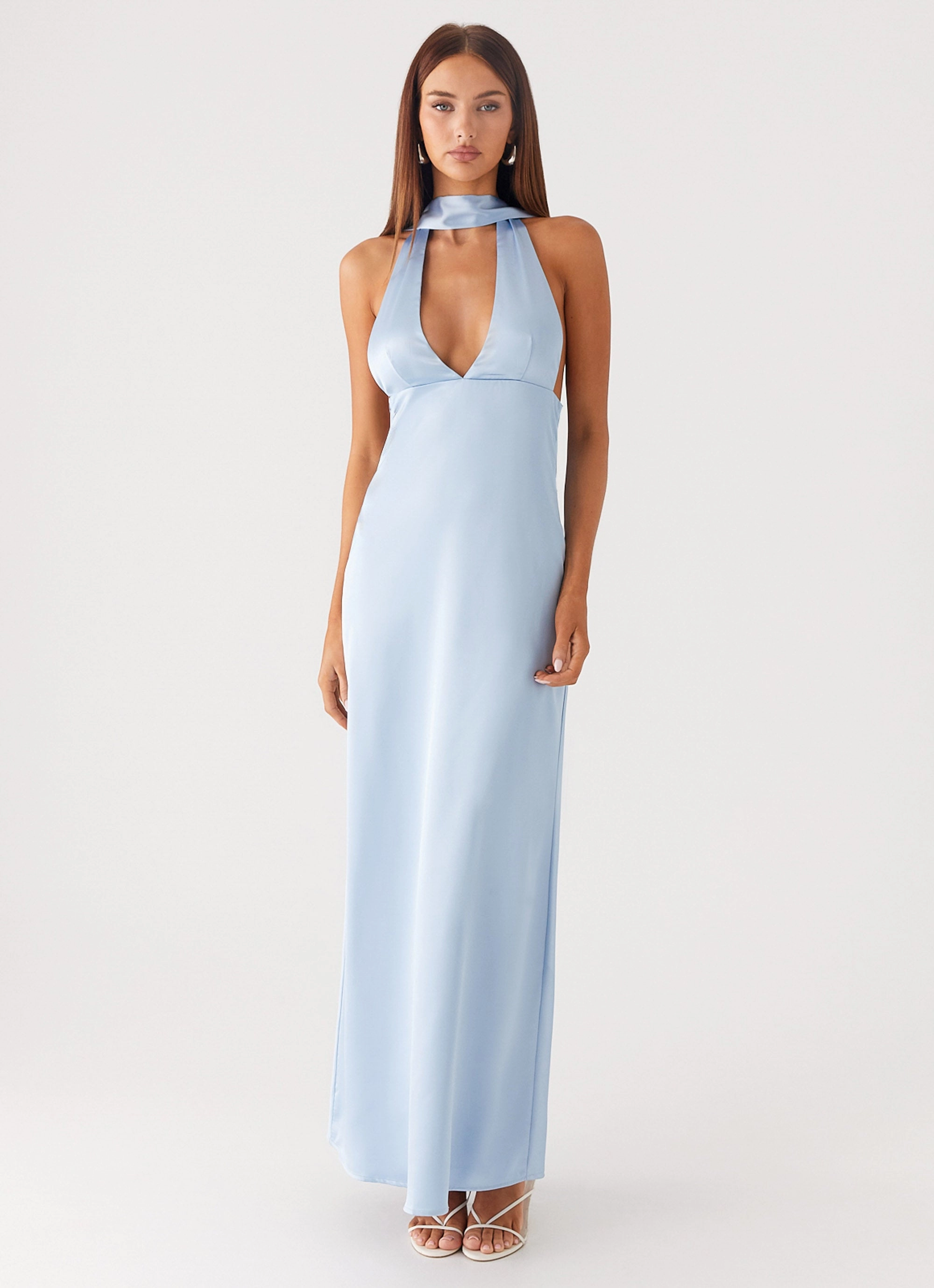 Alicia Satin Halter Maxi Dress - Baby Blue Calm Fit Grace Vibe