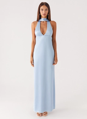 Alicia Satin Halter Maxi Dress - Baby Blue Soft Composition