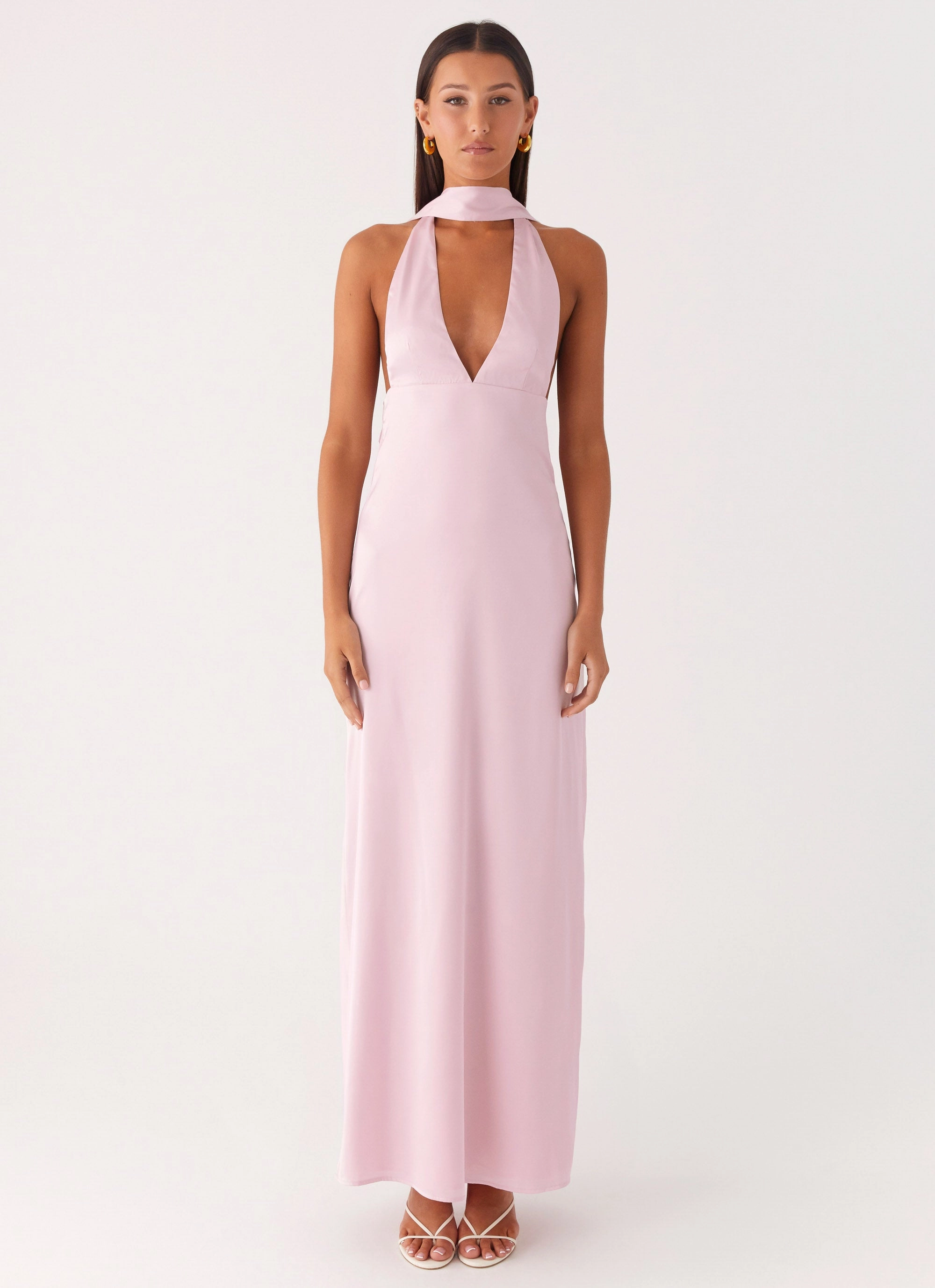Alicia Satin Halter Maxi Dress - Baby Pink Soft Outfit