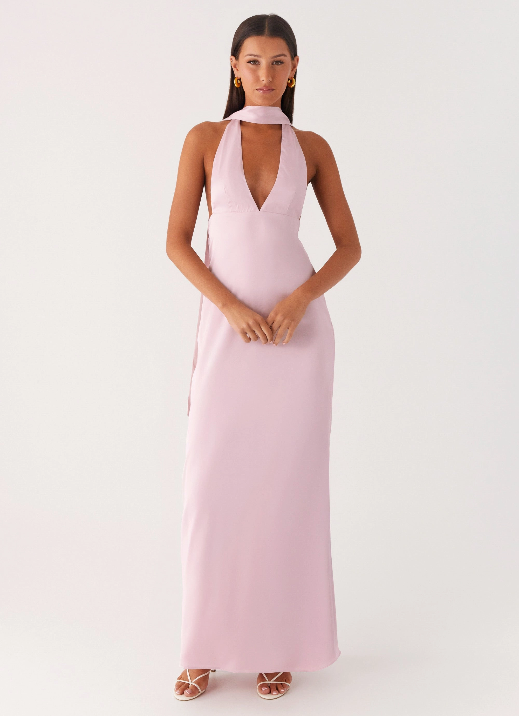 Alicia Satin Halter Maxi Dress - Baby Pink Brunch Tone Vacation Vibe