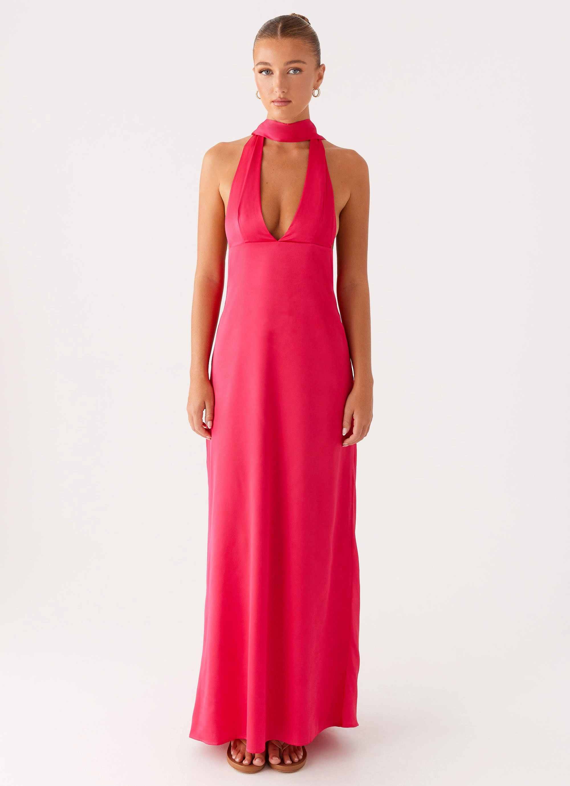 Pastel-Tone Alicia Satin Halter Maxi Dress - Fuchsia