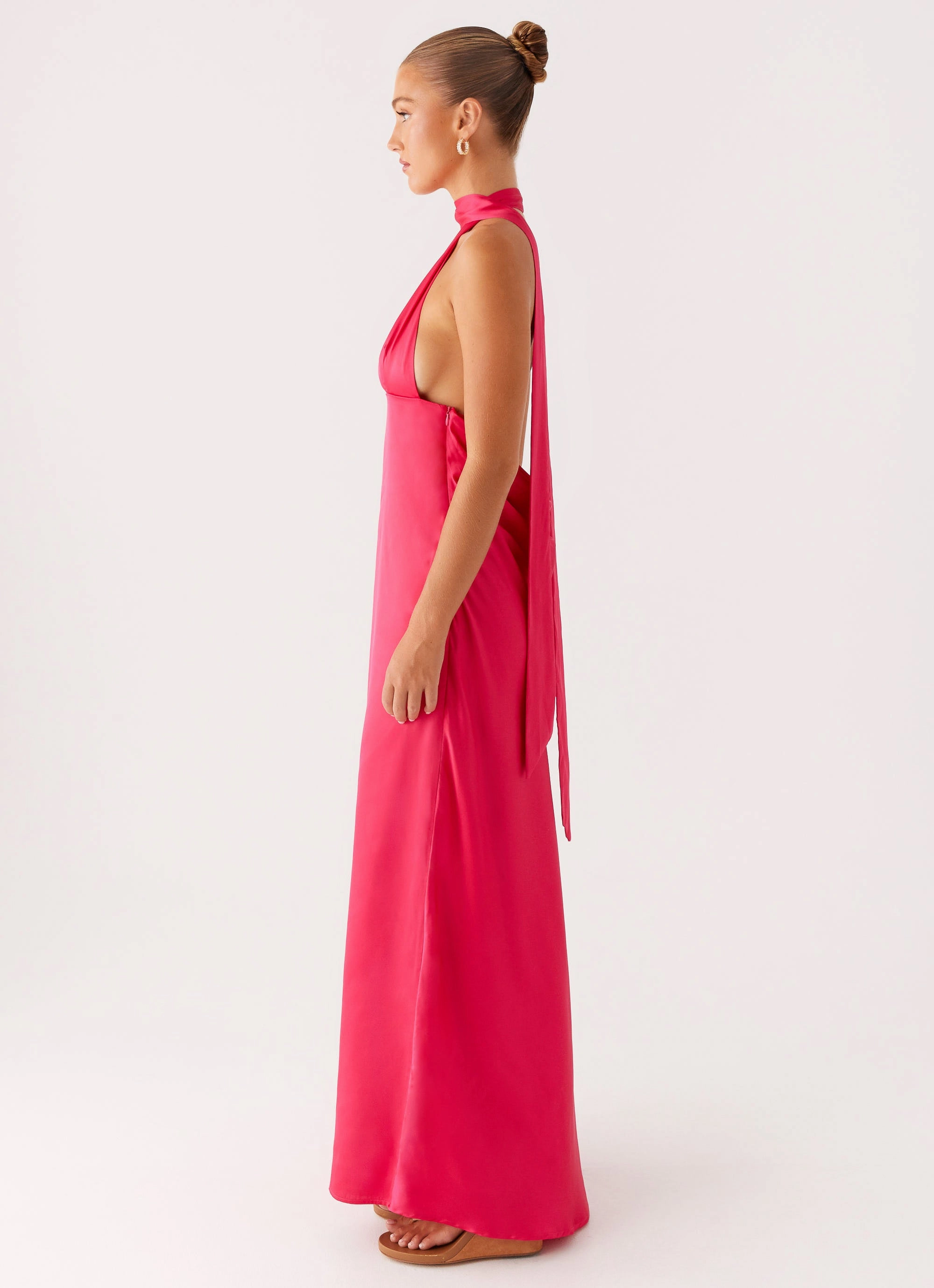 Alicia Satin Halter Maxi Dress - Fuchsia Curve-Enhancing Fit Focused