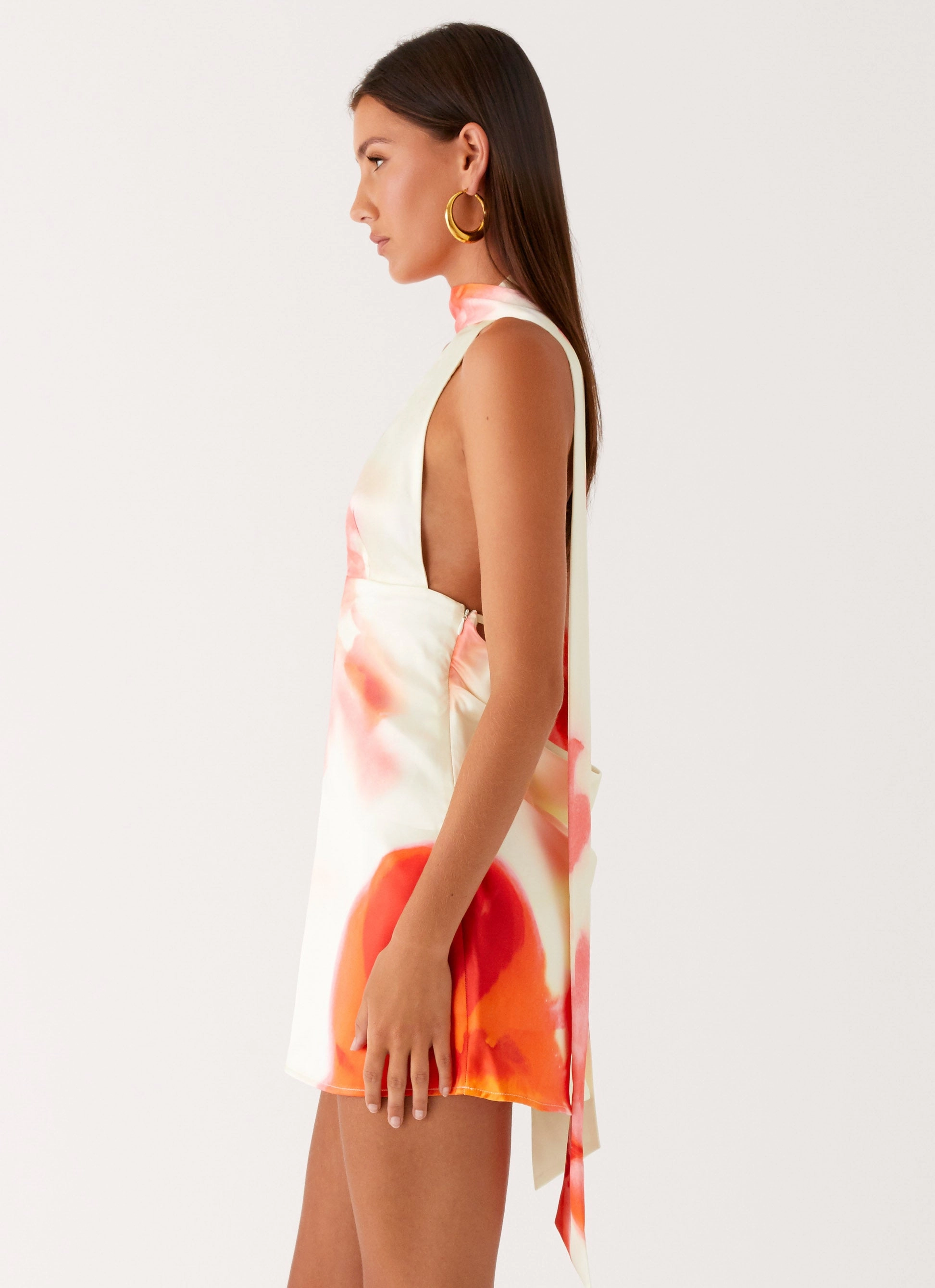 Chic beachwear dress Lightweight-Comfort Alicia Satin Halter Mini Dress - Mimosa Blossom