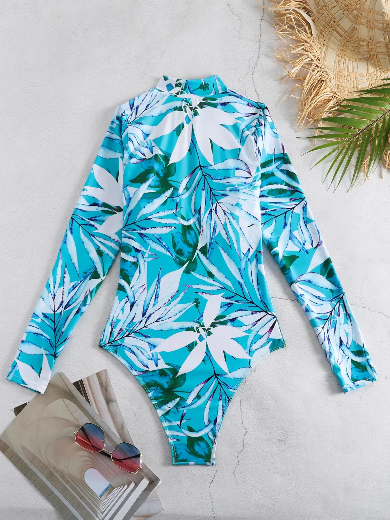 All-over leaf print long-sleeved sun protection one-piece swimsuit
