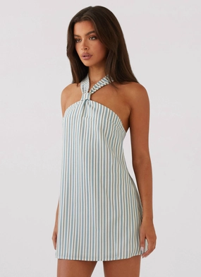 Keira Linen Mini Dress - Blue Choc Stripe Bold Elegance Daytime Mood