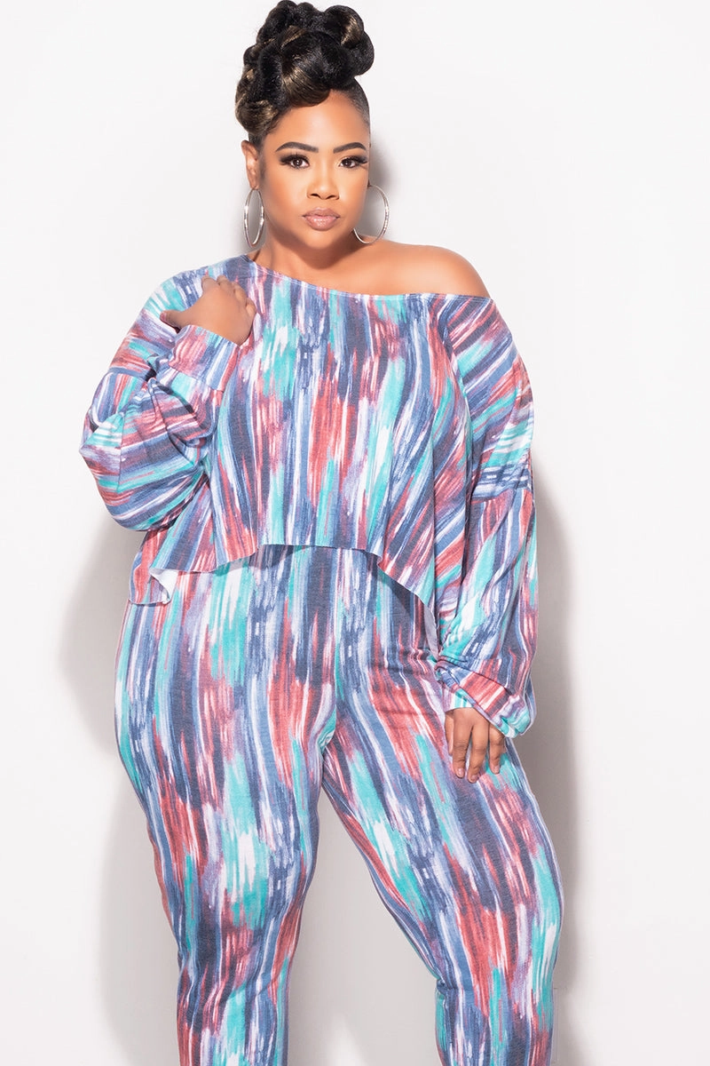 No Wrinkle Final Sale Plus Size 2 pc Set Top & Pants in Purple / Mauve Multi-Color Print
