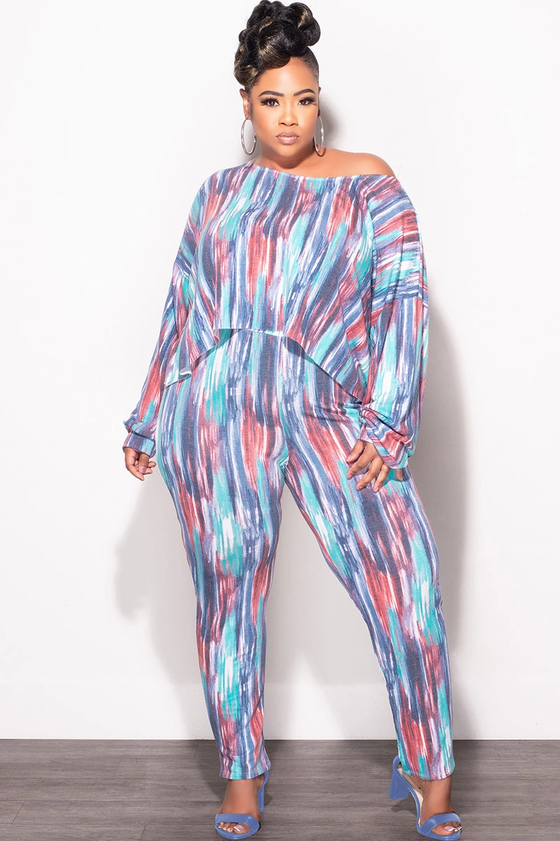 Final Sale Plus Size 2 pc Set Top & Pants in Purple / Mauve Multi-Color Print High Durability Thread