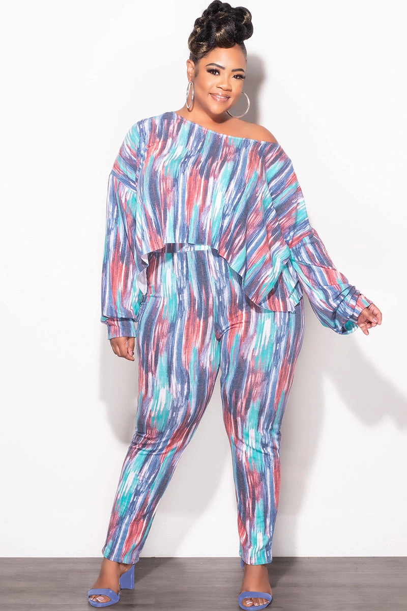 Anti Friction Lining Final Sale Plus Size 2 pc Set Top & Pants in Purple / Mauve Multi-Color Print