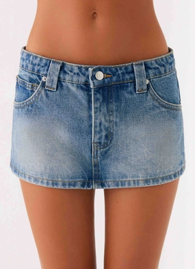 Tropics Low Rise Denim Mini Skort - Mid Wash Blue High Quality Material