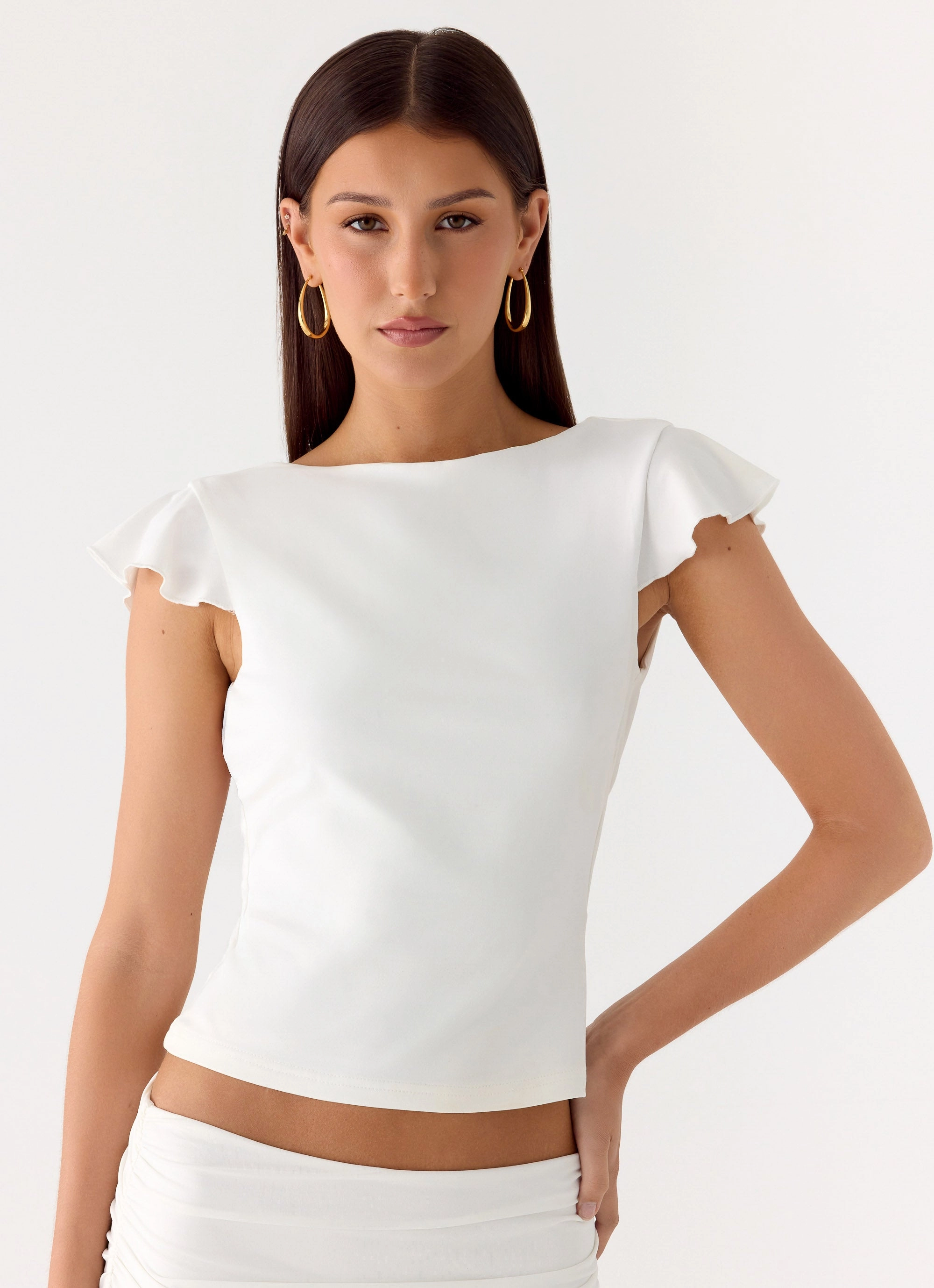 RibbedTrims WrinkleResistant Fabric Maxina Cap Sleeve Top - White