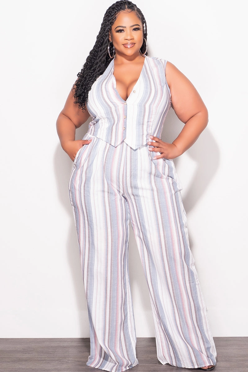 Final Sale Plus Size 2pc Sleeveless Blazer Vest and Pants Linen Set in Cream, Blue & Mauve Stripes Modern Comfort Versatile Design
