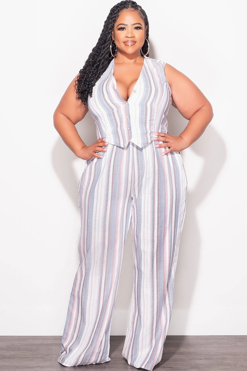 Final Sale Plus Size 2pc Sleeveless Blazer Vest and Pants Linen Set in Cream, Blue & Mauve Stripes Stretchable Wear Full Coverage