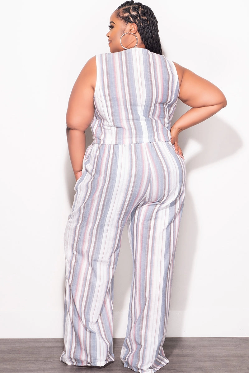 Final Sale Plus Size 2pc Sleeveless Blazer Vest and Pants Linen Set in Cream, Blue & Mauve Stripes Comfort Style Smart Comfort